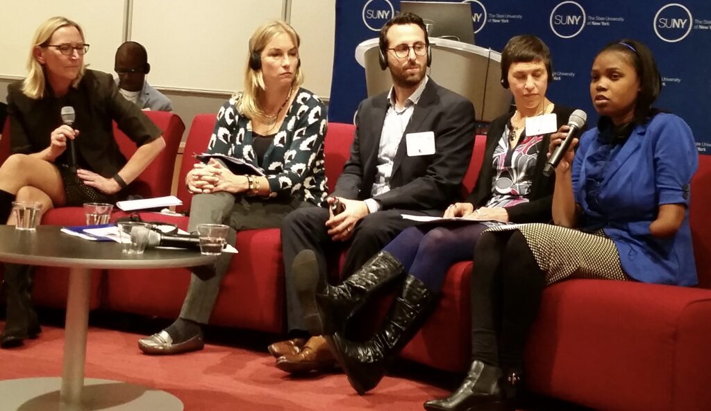 Panelists talk about gender equality, from L to R: Marielle Sander-Lindstrom, Emily Nielson Jones, Ali Javid, Eva Kolodner, Esther Louis