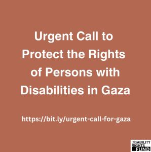 A brown graphic with text in white: Urgent Call to Protect the Rights of Persons with Disabilities in Gaza