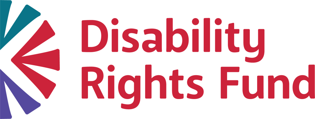 Disability Rights Fund logo with the name split on two lines split between 'Disability' and 'Rights' in the brand color "Cardinal." To the left of the name, it has an icon consisting of rays broken up into three shapes that make up a semi-circle with the flat side facing the left. Icon design from top to bottom: The top has two rays in the shape of a 'V' using the brand color "Teal." The middle shape with three rays using the brand color "Cardinal" in the shape of an arrow pointing the left. The bottom shape with two rays using the brand color "Blue Violet" in the shape of an upside down 'V'.