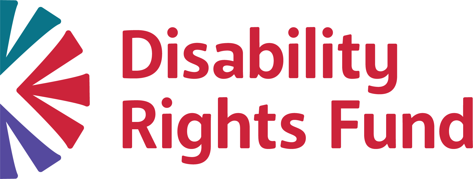 Disability Rights Fund logo with the name split on two lines split between 'Disability' and 'Rights' in the brand color "Cardinal." To the left of the name, it has an icon consisting of rays broken up into three shapes that make up a semi-circle with the flat side facing the left. Icon design from top to bottom: The top has two rays in the shape of a 'V' using the brand color "Teal." The middle shape with three rays using the brand color "Cardinal" in the shape of an arrow pointing the left. The bottom shape with two rays using the brand color "Blue Violet" in the shape of an upside down 'V'.