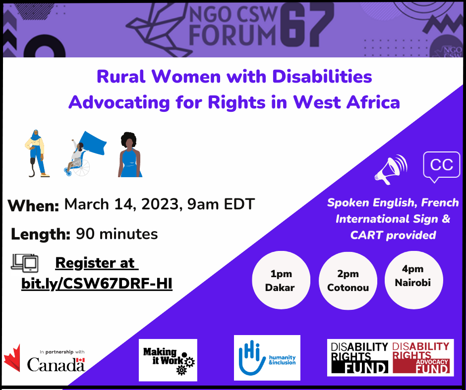 A white and purple graphic with text: Rural Women with Disabilities Advocating for Rights in West Africa