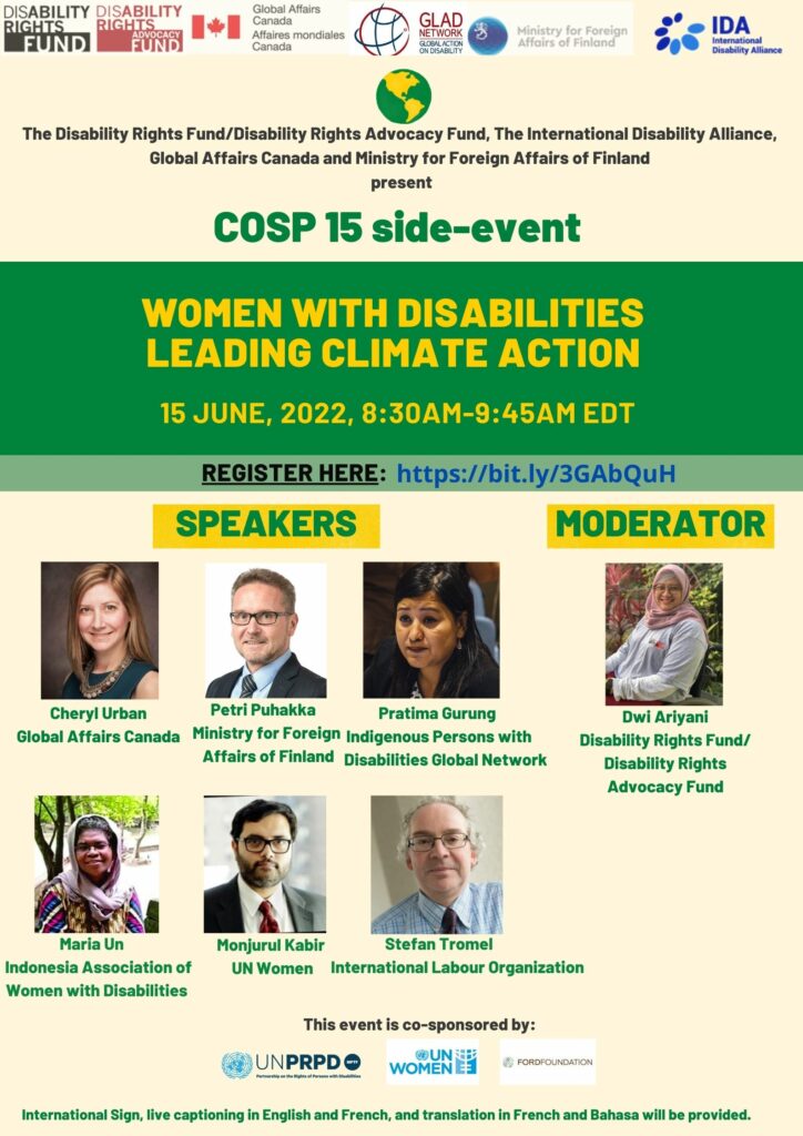 Poster for COSP 15 side-event. Logos of organizations on top. Title: Women with Disabilities Leading Climate Action. 15 June, 2022, 8:30 am — 9:45 am EDT