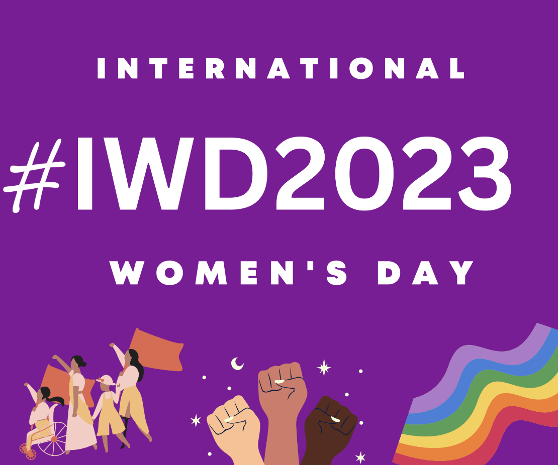 A purple poster with text: #IWD 2023. Graphics of rainbows, fists raised, and women marching with flags.