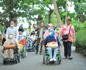 A group of Indonesian disability rights activists, many using wheelchairs, are outside on a road in Bali.