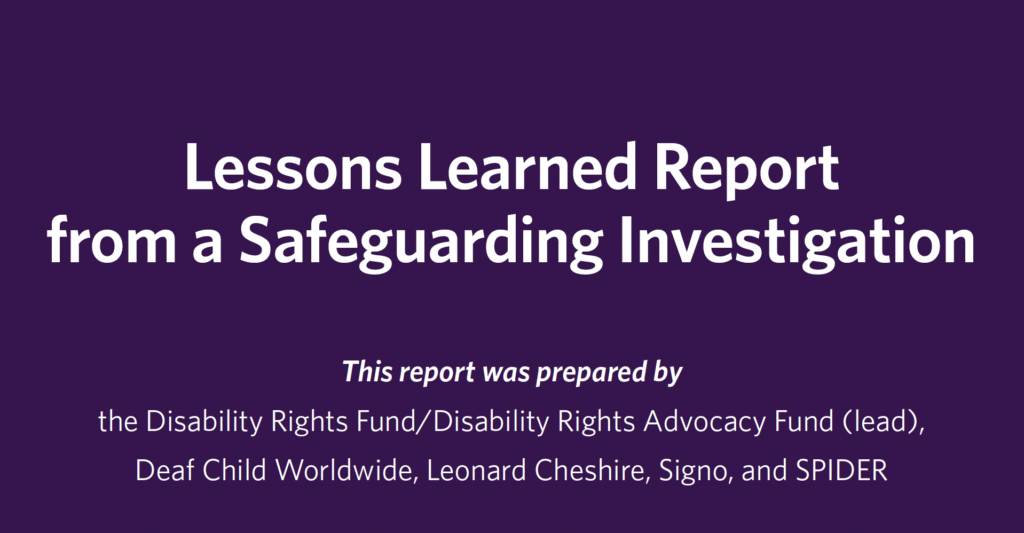 Purple background with text in white: Lessons Learned Report from Safeguarding Investigation