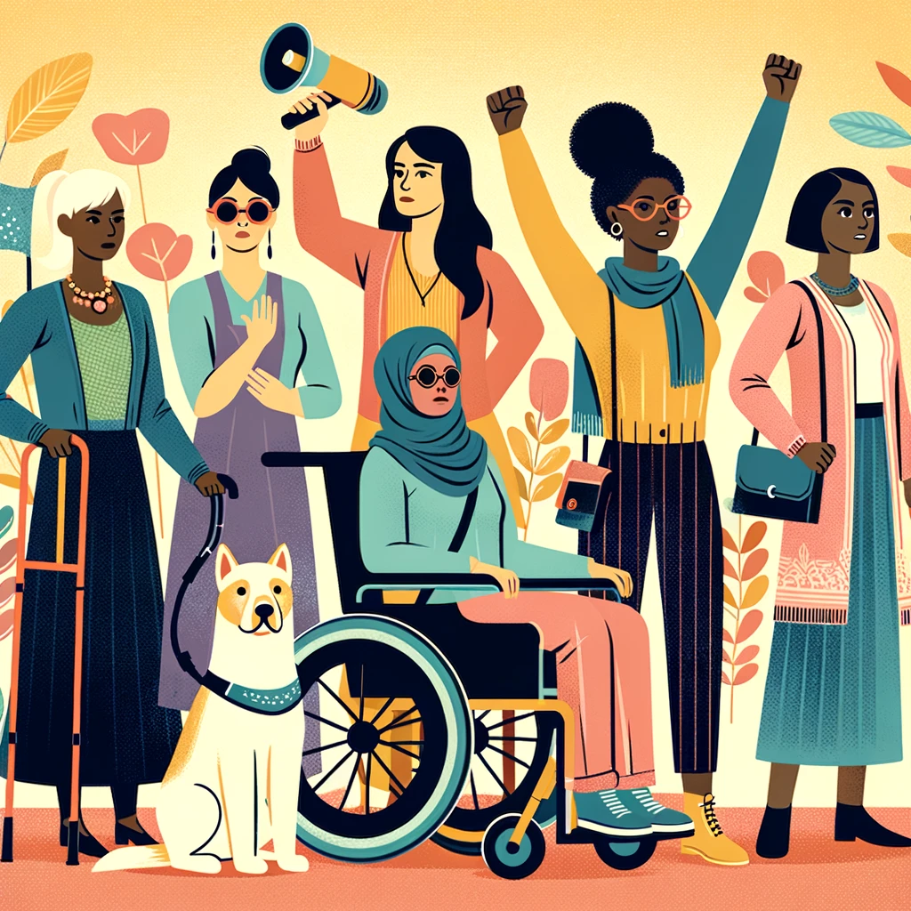 A colourful graphic of six diverse women with varying disabilities, including a wheelchair user, sign language user, another with a walker and service dog.